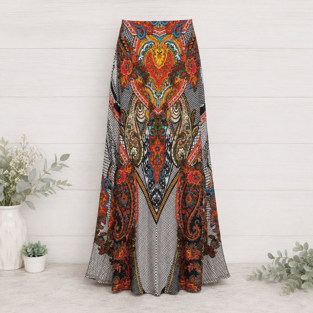 ECI New York M Paisley Maxi Skirt Multi-Color Boho Stretch Festival Maximalist